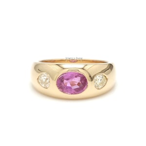 Anel cigano de diamante de safira rosa robusto Art Déco em ouro | Anel de safira rosa natural com diamante lapidado em mina antiga | Anel de sinete vintage