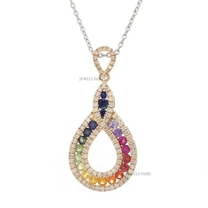 Rainbow sapphire diamond pendant necklace gold | Natural multi sapphire channel set pendant choker gold | Rainbow ombre charm pendant gold