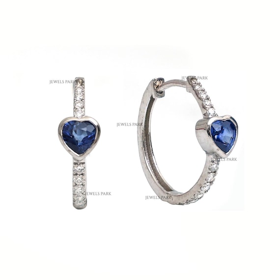Blue Sapphire Heart Diamond Hoops Earrings Gold Natural Blue