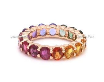 Rainbow sapphire amethyst tanzanite tourmaline ruby eternity band ring in 14K 18K gold | Natural 5x4mm 7ct multi gemstone rainbow ring gold