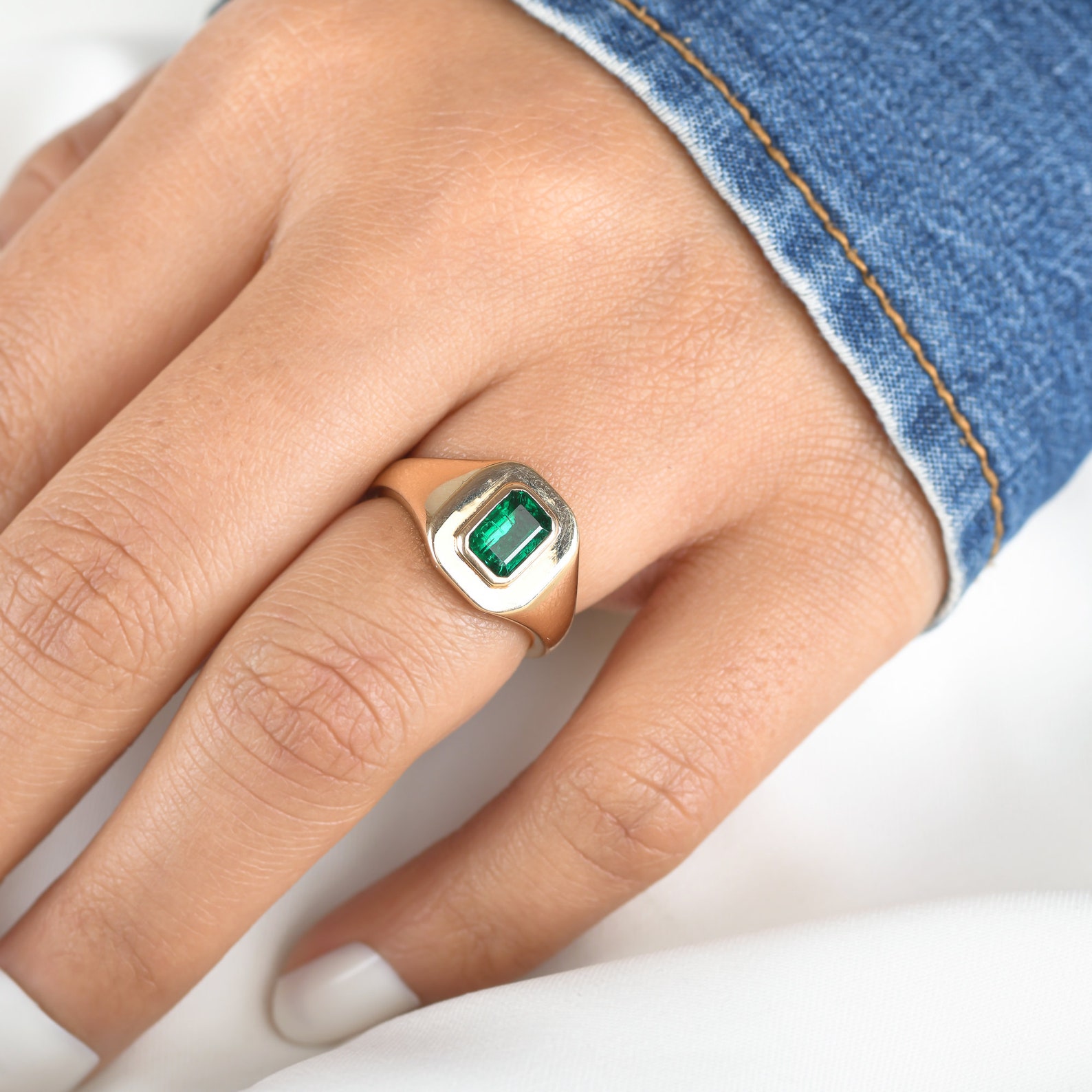 Natural Emerald Pinky Ring in 14k 18k Gold Emerald Cut Bezel Etsy