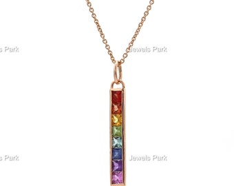 Rainbow gemstone channel set princess cut pendant necklace in 14k 18k gold | 3x3mm rainbow sapphire tourmaline amethyst rainbow pendant gold