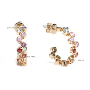 Rainbow sapphire bazel set hoops earrings in 14k 18k gold, Natural multi sapphire rainbow ombre hoops, Real rainbow sapphire hoops in gold