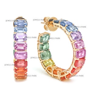 14K Gold Regenbogen Creolen mit Saphir | Natürliche Saphire Regenbogen Ohrringe Gold | Creolen mit 14K Gold und Saphir Akzenten