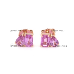 Pink sapphire octagon and pear two stone studs earring gold | Natural pink sapphire toi et moi style studs gold | Pink sapphire earring gold