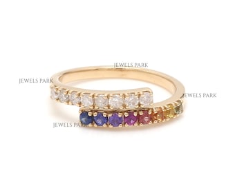 Rainbow sapphire half diamond spiral eternity band ring gold | Natural rainbow sapphire diamond stackable ring gold | Sapphire spiral ring