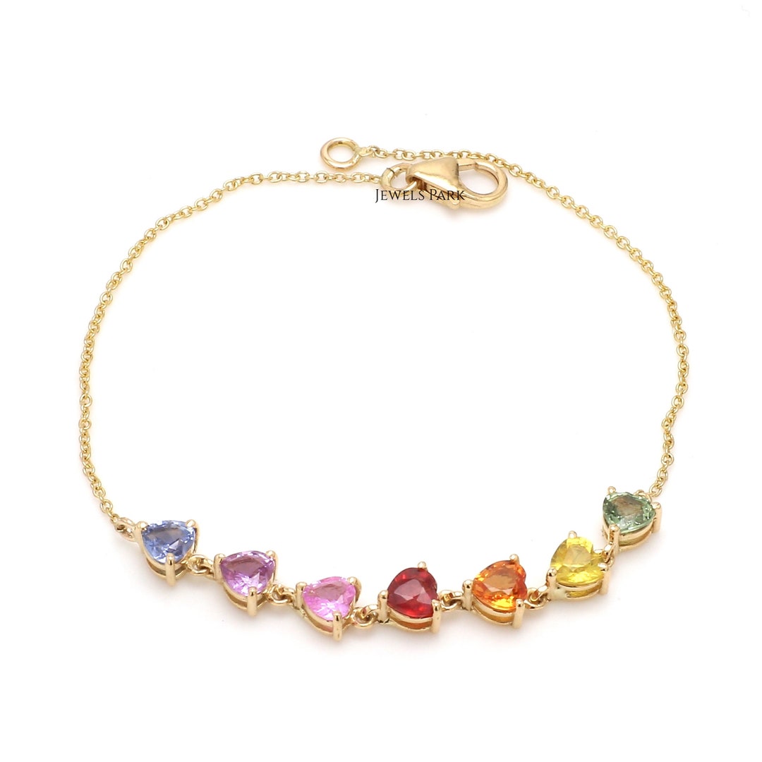 Rainbow Sapphire Heart Shape Link Chain Bracelet 14K Gold - Etsy
