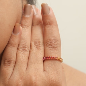 Rainbow Sapphire round thin prong set ring gold | Natural rainbow sapphire round stackable ring gold | Sapphire thin rainbow ombre band gold