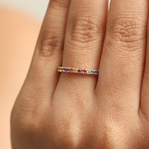 Rainbow sapphire round thin eternity band ring gold | Natural multi sapphire rainbow gradient ombre ring gold | Sapphire gold eternity band