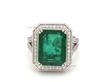 Real emerald diamond big statement ring gold | Natural 8ct big emerald cut emerald vintage ring gold | Art deco emerald diamond halo ring