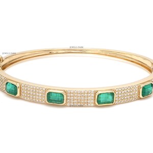 Emerald  diamond bangle bracelet gold | Natural emerald cut octagon emerald cuff bracelet gold | Emerald pave diamond cuff bracelet gold