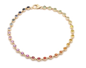 Rainbow sapphire bezel set tennis bracelet chain in 14k 18k gold | Natural 3 ct multi sapphire pink sapphire stackable rainbow bracelet gold