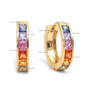 Rainbow sapphire princess cut channel set mini hoop earrings gold | Natural channel set sapphire earrings gold | Rainbow ombre hoops gold
