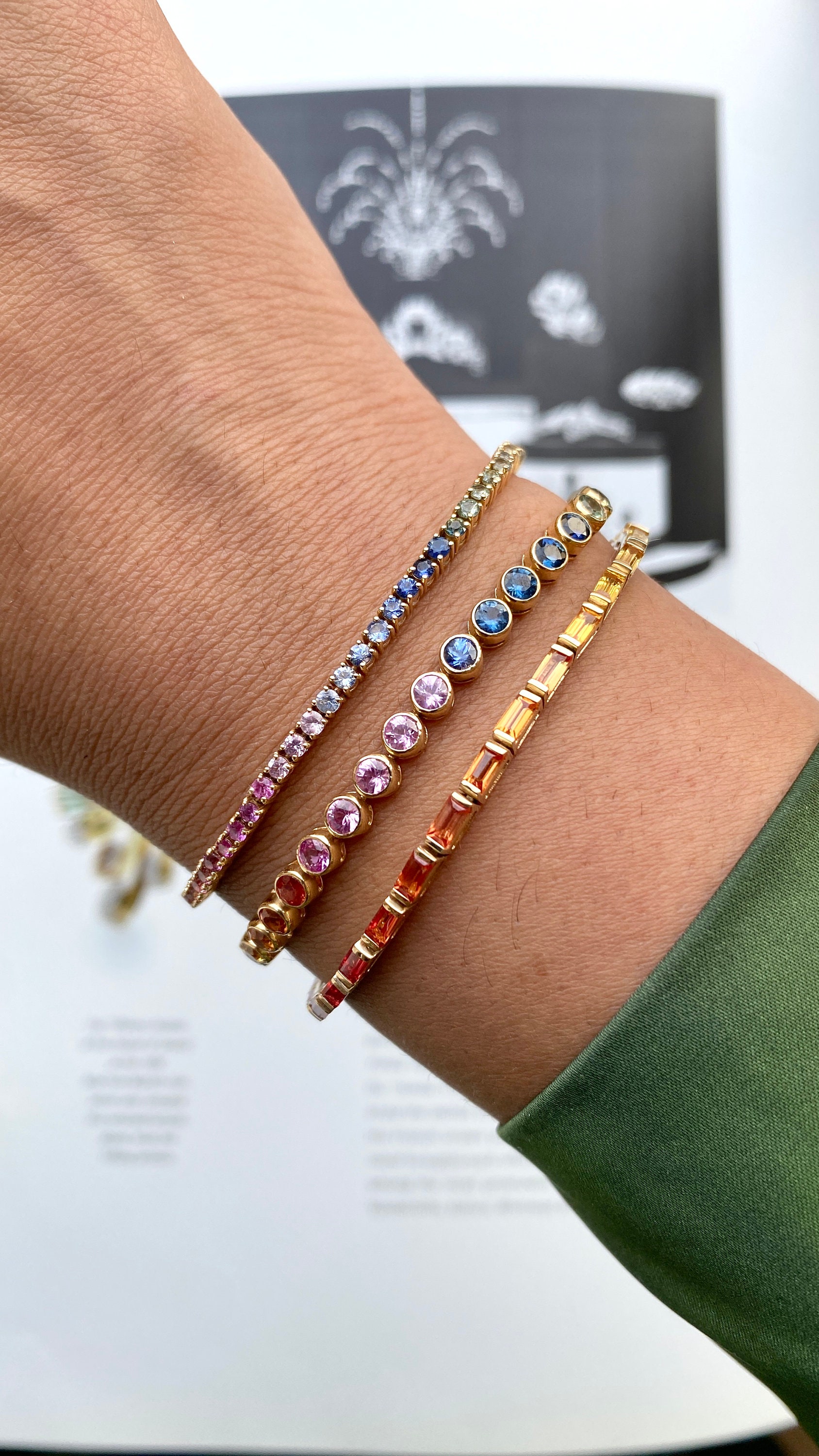 Rainbow Sapphire Baguette Tennis Bracelet Gold Natural Multi