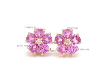 Pink sapphire heart diamond studs earrings gold | Natural 4MM heart shape pink sapphire studs earrings gold | Lucky clove pink sapphire stud