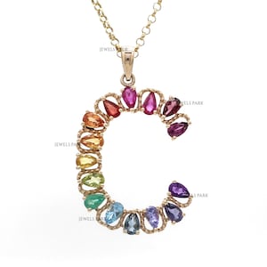 Pingente de letra inicial com corte de pêra de pedra preciosa do arco-íris | Colar com letra com nome e pingente com letra grande | Colar ombre arco-íris com várias pedras preciosas em ouro