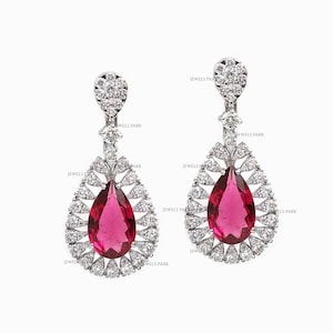 Rubellite tourmaline pear cut diamond earrings gold | Natural rubellite tourmaline earrings gold | Big rubellite vintage earrings gold