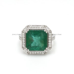 Big emerald cut emerald and pave diamond ring gold Natural 10ct asscher emerald cut ring gold Big huge emerald cut solitaire ring gold image 1