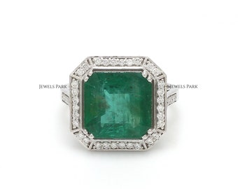 Big emerald cut emerald and pave diamond ring gold | Natural 10ct asscher emerald cut ring gold | Big huge emerald cut solitaire ring gold