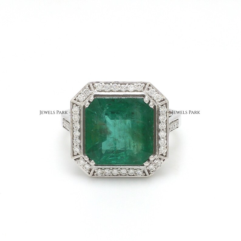 Big emerald cut emerald and pave diamond ring gold Natural 10ct asscher emerald cut ring gold Big huge emerald cut solitaire ring gold image 1