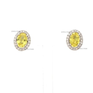 Yellow sapphire oval cut diamond halo studs earrings gold | Natural oval cut sapphire diamond earrings gold | Real sapphire earrings gold