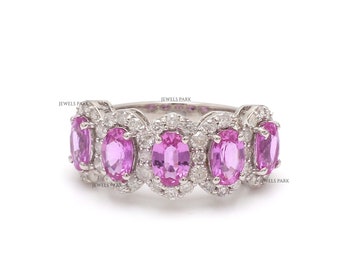Zafiro rosa talla ovalada diamante medio anillo oro / Anillo apilable de diamantes de zafiro rosa natural oro / Anillo de media eternidad de zafiro rosa real