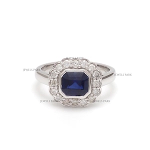 Anello art deco con diamante blu zaffiro in oro / Anello vintage in oro con zaffiro blu naturale taglio smeraldo / Anello con diamanti in oro con lunetta in zaffiro blu