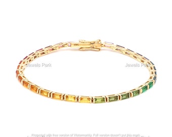 Rainbow sapphire emerald ruby tennis bracelet chain 14k 18k gold | Natural multi gemstone baguette cut stackable ombre rainbow bracelet gold