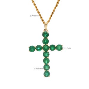 Emerald cross pendant gold | Natural  round cut emerald prong set cross pendant gold | Emerald crucifix pendant gold | Cross pendant gold