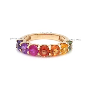 Rainbow sapphire round half eternity band ring gold | Natural multi sapphire rainbow ombre half band ring gold | Rainbow sapphire ring gold