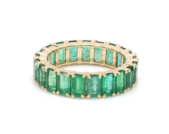 Emerald cut natural emerald eternity band ring in 14k 18k gold | Natural 6ct 5x3 MM prong set octagon cut stackable green emerald ring gold