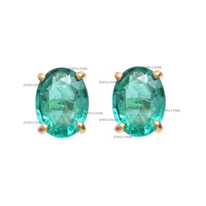 Real oval emerald prong set studs earrings gold | Natural oval cut emerald stud earring gold ready | Emerald mini oval studs earrings gold