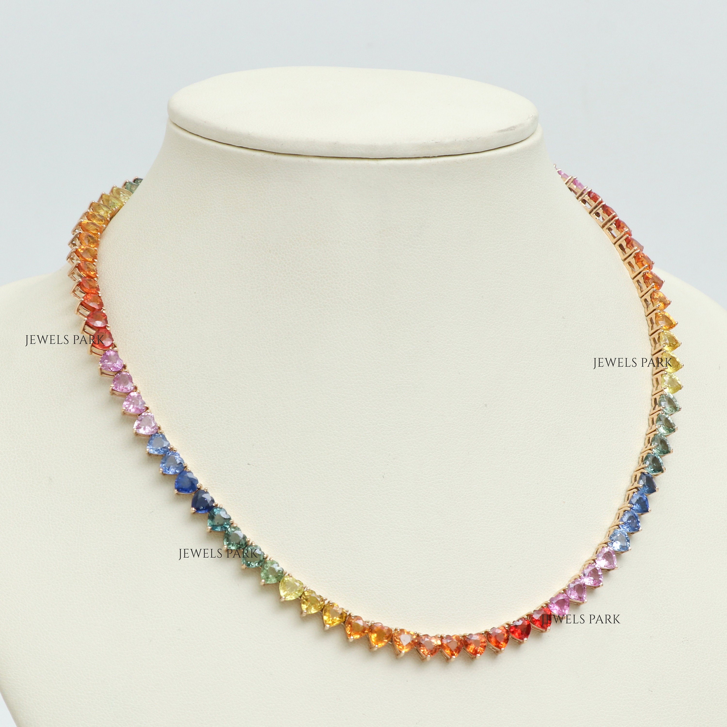 Rainbow Sapphire Heart Shape Tennis Necklace 14K Gold | Natural