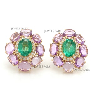 Pink sapphire rose cut emerald diamond earrings gold | Natural sapphire emerald solitaire big earrings gold | Sapphire emerald earrings