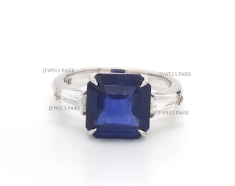 Ceylon blue sapphire three stone tapered baguette diamond ring gold | Natural blue sapphire diamond ring | Blue sapphire diamond ring gold