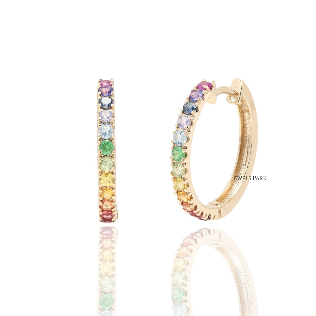 Rainbow Sapphire Hoop Earrings Gold Natural Rainbow Huggies Etsy