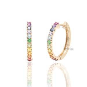 Rainbow sapphire hoop earrings gold | Natural rainbow huggies small earring gold | Rainbow ombre earrings gold | Rainbow sapphire hoops gold
