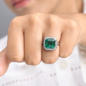 Big emerald cut emerald and pave diamond ring gold Natural 10ct asscher emerald cut ring gold Big huge emerald cut solitaire ring gold image 3