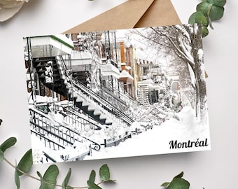 Postcard of winter stairs, Villeray, Montreal - Montreal Winter Staircase Photo - Snowy Montreal Architecture – Quebec Street Photography
