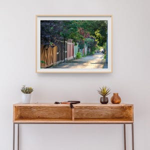 K&ouml;nnte beinhalten: Gerahmtes Foto einer sonnendurchfluteten Gasse mit bunten Holzz&auml;unen und &uuml;ppigem Gr&uuml;n. Das Bild f&auml;ngt ein Gef&uuml;hl von Tiefe und Ruhe ein, wobei das Sonnenlicht Schatten auf den B&uuml;rgersteig wirft. Das Foto wird auf einer Holzkonsolentisch pr&auml;sentiert.