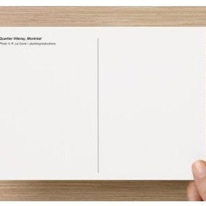 May include: Blank white postcard with the text "Quartier Villeray, Montreal" and "Photo: C.R. La Gore / Jeremagnoli.com" printed in black at the top.