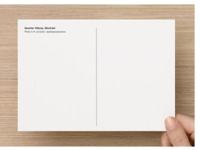 May include: Blank white postcard with the text "Quartier Villeray, Montreal" and "Photo: C.R. La Gore / Jeremagnoli.com" printed in black at the top.