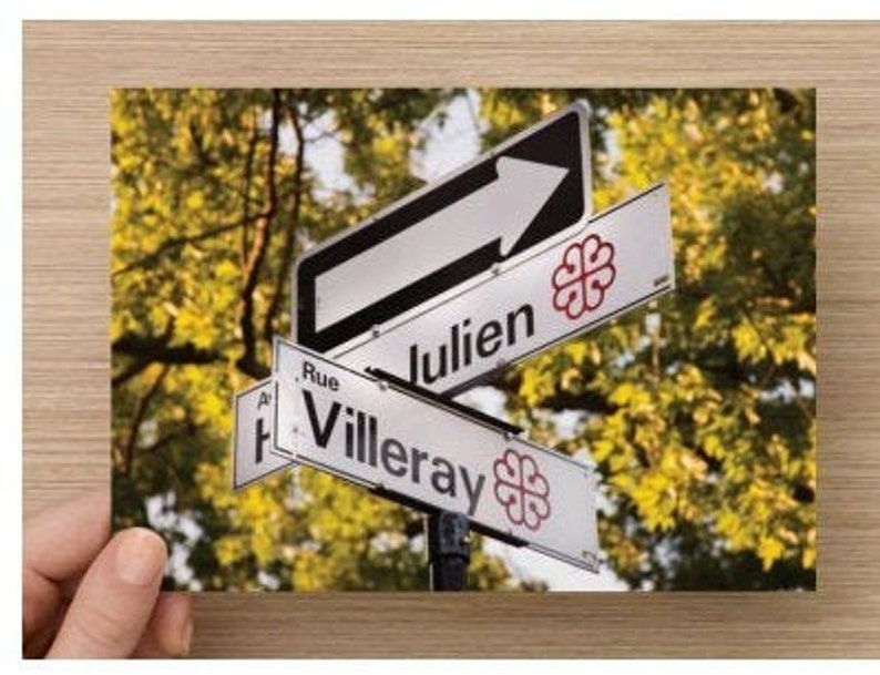 May include: A street sign with a white arrow pointing to the right. The sign reads "Rue Julien" and "Villeray" with a clover symbol on each sign.