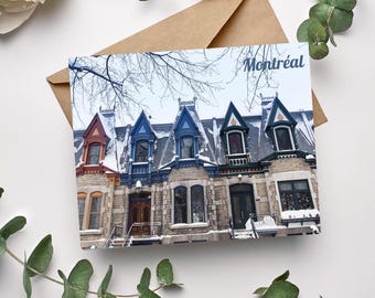 Ansichtkaart met Victoriaanse huizen in Montreal – Kleurrijke gevels in Montreal – Architectuurfotografie in Montreal – Straatfoto in Quebec
