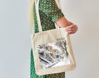 Tote bag - Montreal cotton bag, Stairs in winter by Romain Le Corre