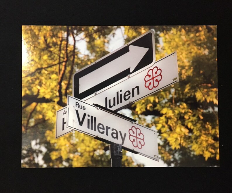 May include: A street sign with a white arrow pointing to the right. The sign reads "Rue Julien" and "Villeray" with a red clover symbol on each sign.
