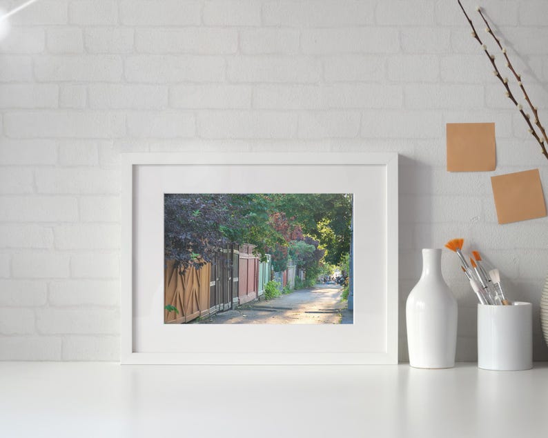 K&ouml;nnte beinhalten: Ein gerahmtes Foto eines sonnigen Weges, ges&auml;umt von bunten Holzz&auml;unen und &uuml;ppigem Gr&uuml;n. Das Bild wird auf einer wei&szlig;en Oberfl&auml;che pr&auml;sentiert, mit einer wei&szlig;en Backsteinmauer im Hintergrund. Dekorative Elemente wie Vasen und Pinsel sind ebenfalls vorhanden.