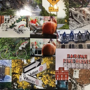 May include: A collage of images featuring a variety of scenes from a city, including a street sign with a moose, a pumpkin, a bicycle, and a building with a sign that reads "Farine Five Roses".