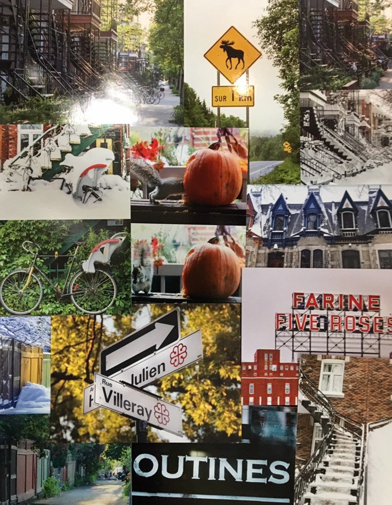 May include: A collage of images featuring a variety of scenes from a city, including a street sign with a moose, a pumpkin, a bicycle, and a building with a sign that reads "Farine Five Roses".