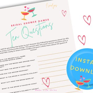 Puede incluir: Juego de ducha nupcial imprimible con diez preguntas sobre la novia. El juego presenta un esquema de color rosa y turquesa con corazones y copas de champán. El texto "Diez preguntas" está escrito en una fuente caprichosa.